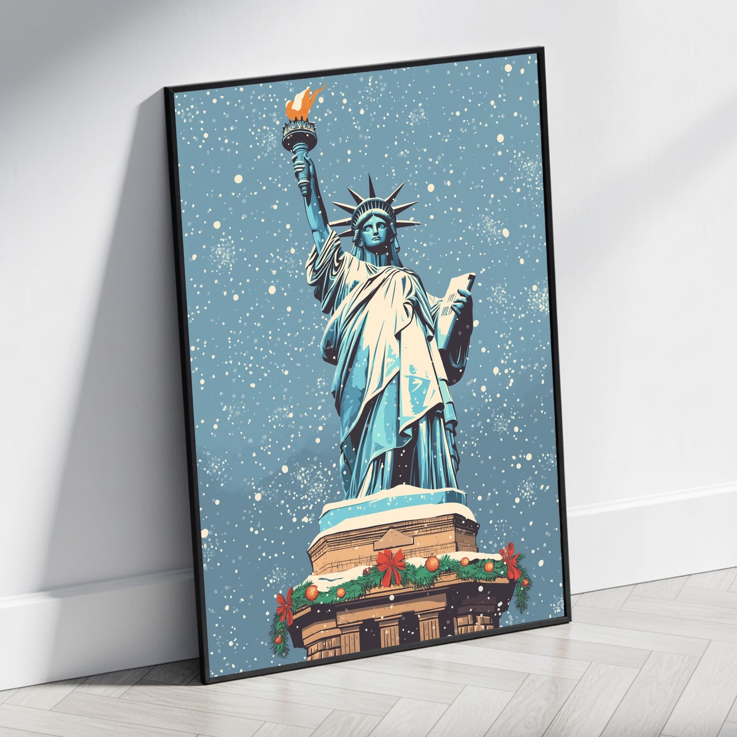 Festive Winter Scene | Statue of Liberty | Christmas Decor | Snowflakes and Garland | New York Style Seasonal Art Print | Holiday Poster | Iconic Monument | Cultural Significance | Stylish Wall Art Decor