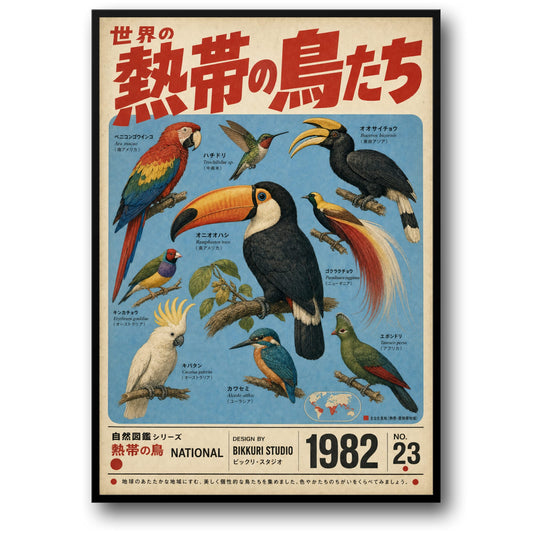 Exotic Birds of the Tropics Art Print | 1982 Japanese Vintage Style Poster | Colorful Parrot Toucan Hornbill Hummingbird Illustration | Nature Wall Decor