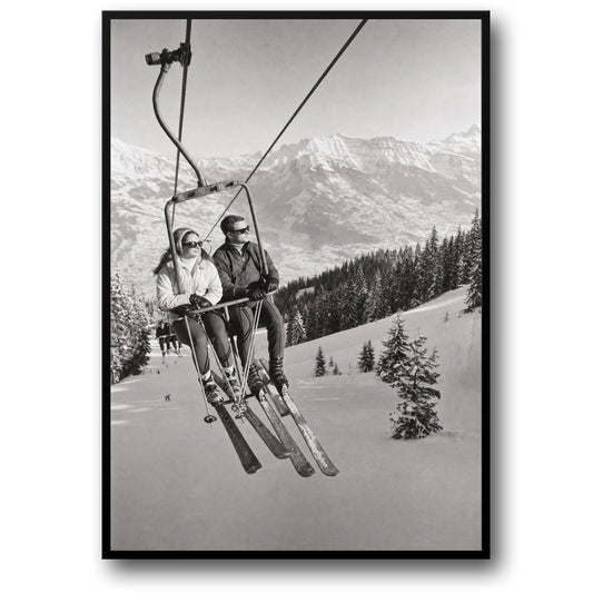 Vintage Ski Lift Scene | Snowy Mountain Retro Style Art Print | Winter Adventure Wall Decor Poster