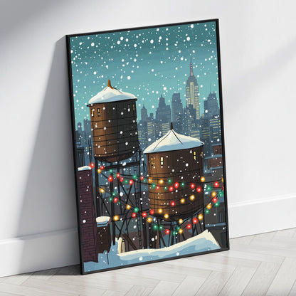 Festive Winter Cityscape | Snow-Covered Rooftops | Colorful Holiday Lights | Urban Setting | Snowy Night Poster | Skyline Print