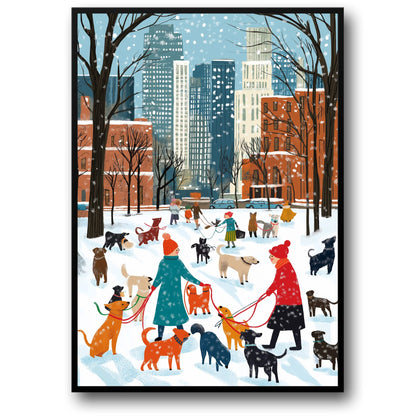 Charming Urban Winter Scene | Vibrant Dogs & Snowy Park | Skyline & Falling Snowflakes | Red Brick Buildings | Seasonal Poster Print