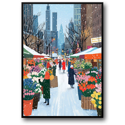 Colorful Urban Winter Street Scene | Vibrant Flower Stalls | People Amidst Snowflakes | Skyscrapers & Trees Backdrop | City Life Charm | Tulips & Daffodils | Wall Decor Print Poster