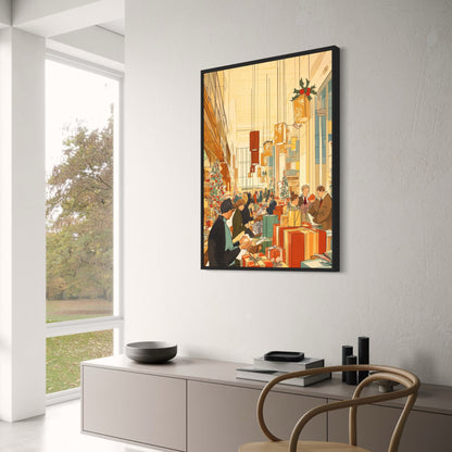 Festive Shopping Scene | Christmas Decor & Gift Exchange | Stylish Department Store | Seasonal Gift Boxes | Holiday Spirit Poster & Print