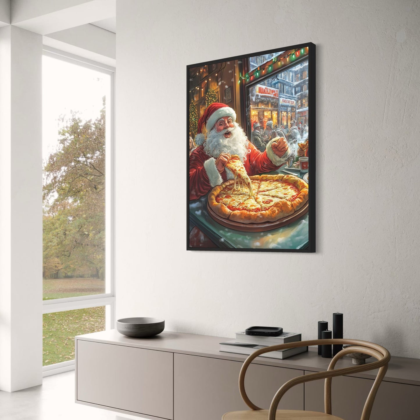 Santa Claus | Festive Holiday Pizza Celebration | Cozy Winter Café | Christmas Lights | Snowy Streetscape | Seasonal Cheer | Poster Print