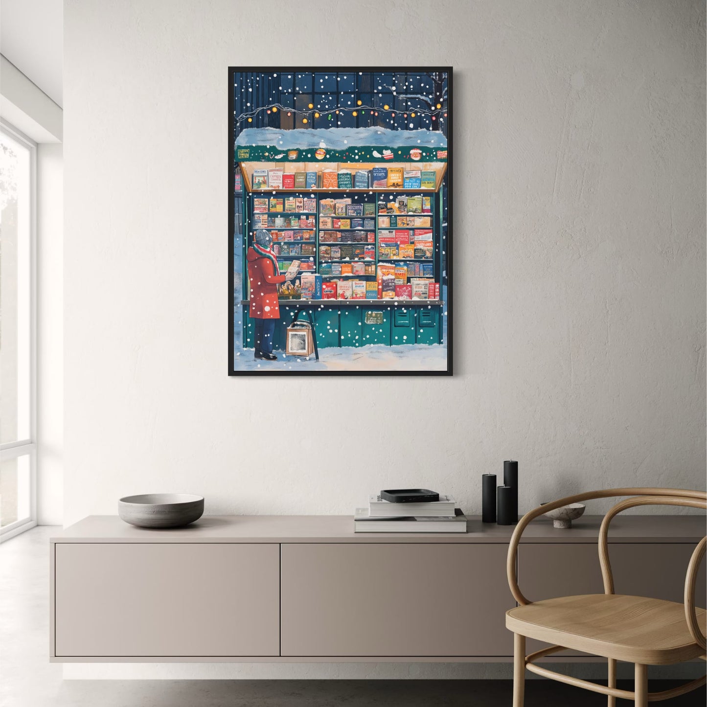 Winter Wonderland Poster | Cozy Snowy Scene | Enthusiastic Reader in Red | Exploring Books | Festive String Lights | Holiday Atmosphere | Snowflakes in Urban Setting | Perfect Home Décor Print for Book Lovers