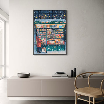 Winter Wonderland Poster | Cozy Snowy Scene | Enthusiastic Reader in Red | Exploring Books | Festive String Lights | Holiday Atmosphere | Snowflakes in Urban Setting | Perfect Home Décor Print for Book Lovers