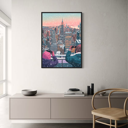 Scenic Winter Cityscape | Iconic Urban Skyline | Snowfall Scene | Dual Figures with Binoculars | Stunning Skyscrapers | Sunset Poster | Premium Quality Print | Captivating Wall Art for Home or Office Decor