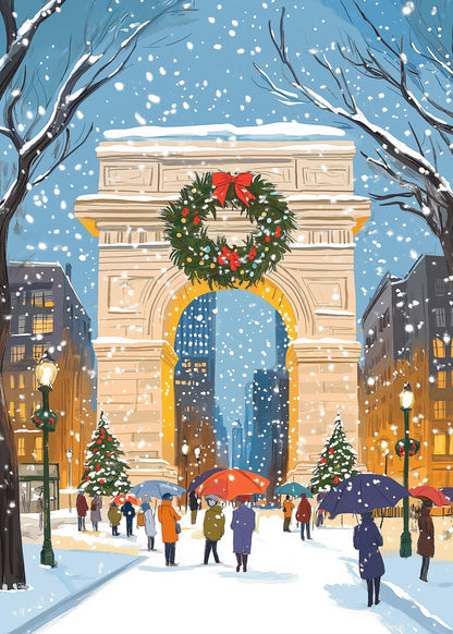 Enchanting Winter Wonderland | Iconic Snowy Archway Scene | Festive Wreath & Glowing Street Lamps | Serene Cityscape Print | Christmas Decor Poster | Perfect Gift for Holiday Cheer | Seasonal Wall Art