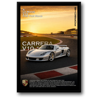 Porsche Carrera GT | Iconic Supercar V10 | Le Mans Road Legend Poster | High Performance Sunset Track Scene Wall Art Print