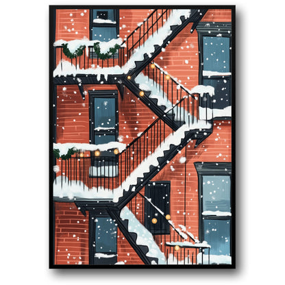 Charming Urban Fire Escape Snow Scene | Brick Building with Holiday Greenery & String Lights | Winter City Poster | Art Print | Wall Decor for City Lovers & Architecture Enthusiasts | Seasonal Artwork