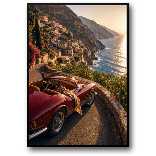 Vintage Car Coastal Road | Italian Countryside Sunset | Art Print Poster | Classic Style Wall Decor | Travel Vibes