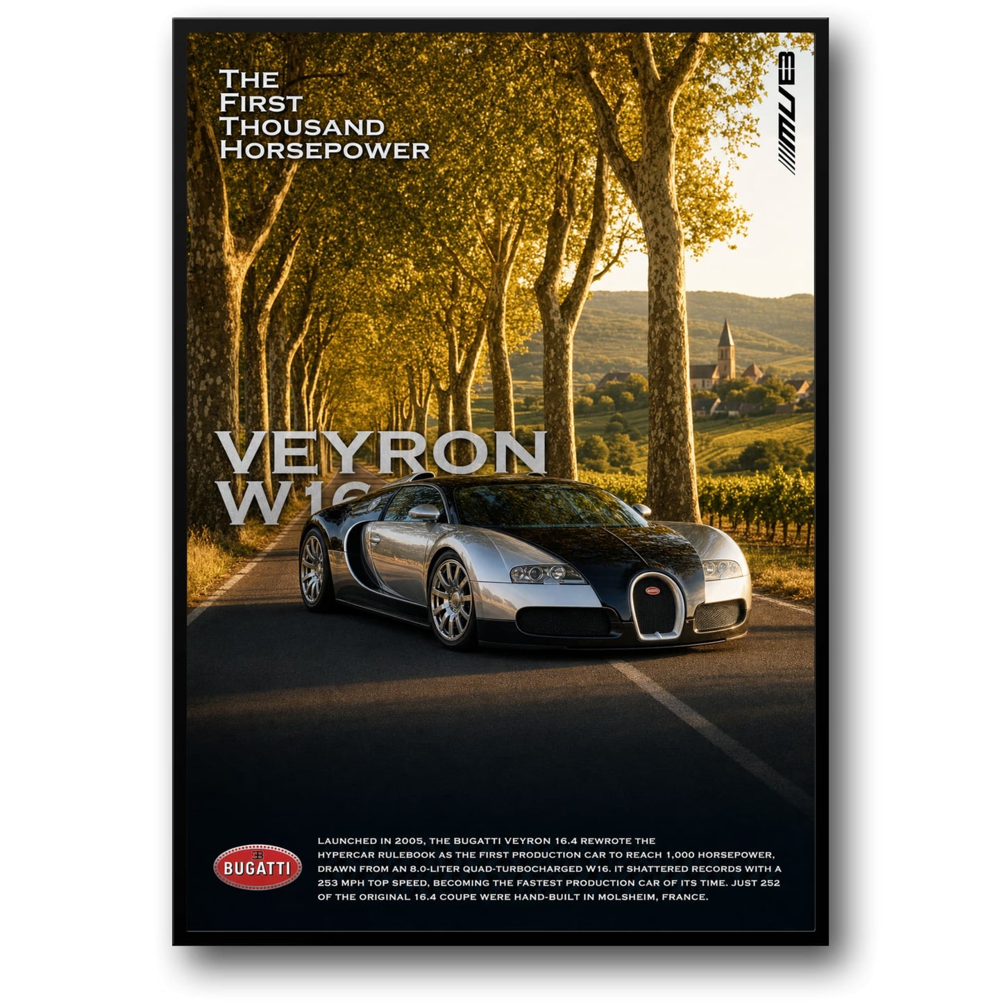 Bugatti Veyron W16 | Iconic Supercar Print | First Production Car with 1000 Horsepower | High Quality Poster for Car Enthusiasts
