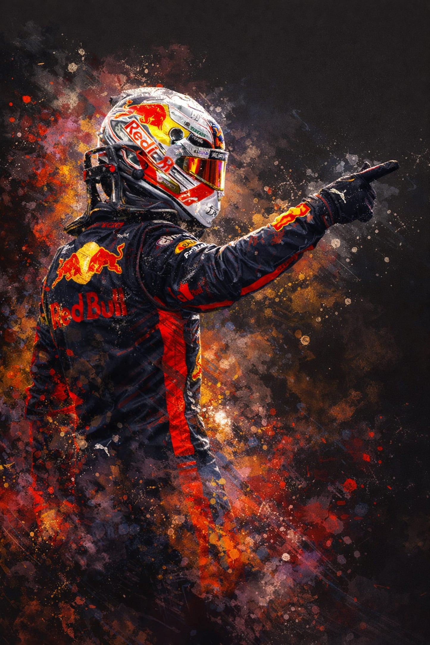 Max Verstappen | Racing Driver Artwork | Motorsport Print | Red Bull Branding | Vibrant Red & Black | Splatter Art Background | High-Speed Energy | Decorative Poster