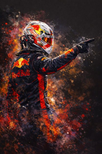 Max Verstappen | Racing Driver Artwork | Motorsport Print | Red Bull Branding | Vibrant Red & Black | Splatter Art Background | High-Speed Energy | Decorative Poster