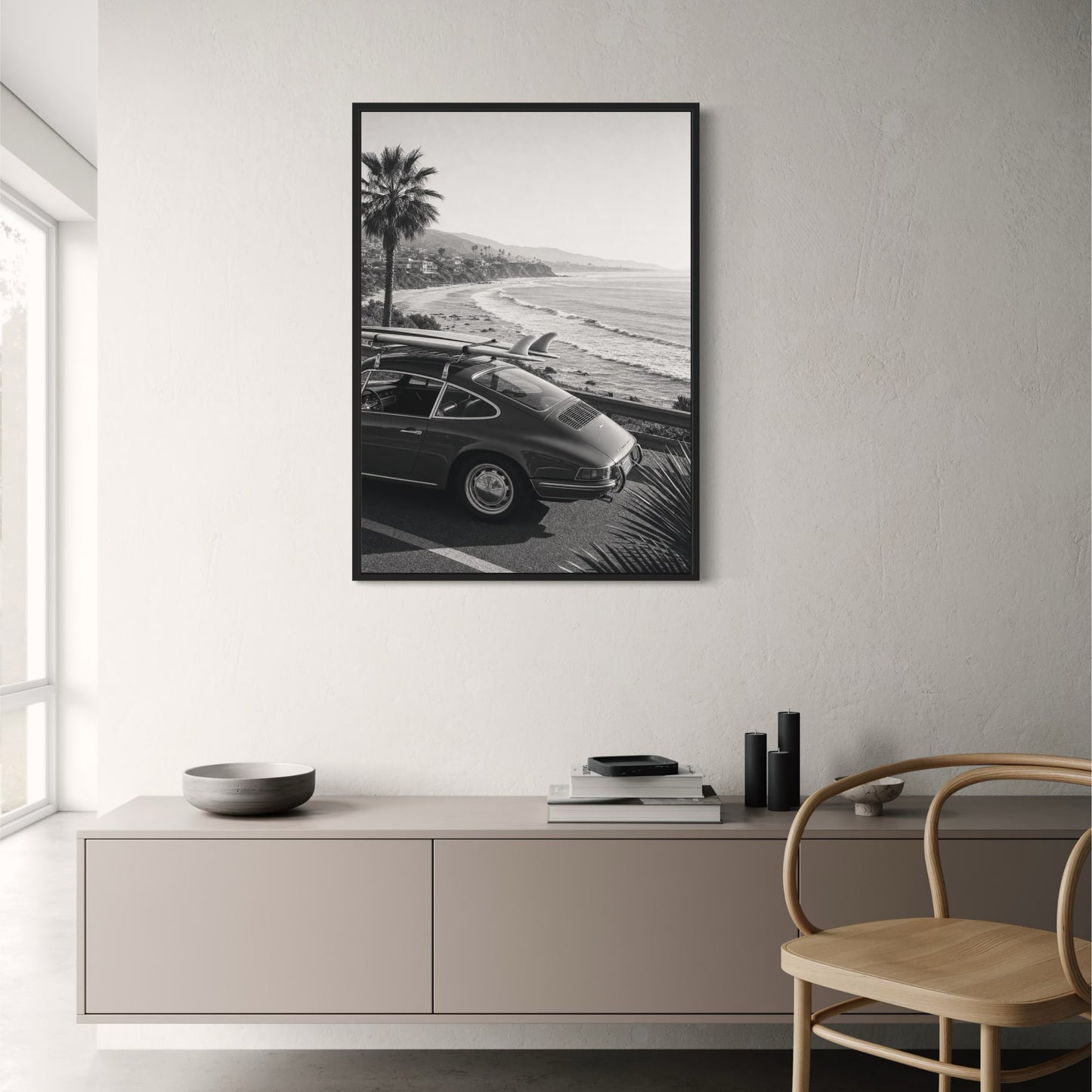 Vintage Beach Drive | Classic Car with Surfboard by Ocean | Palm Trees Scenic View Art Print Poster