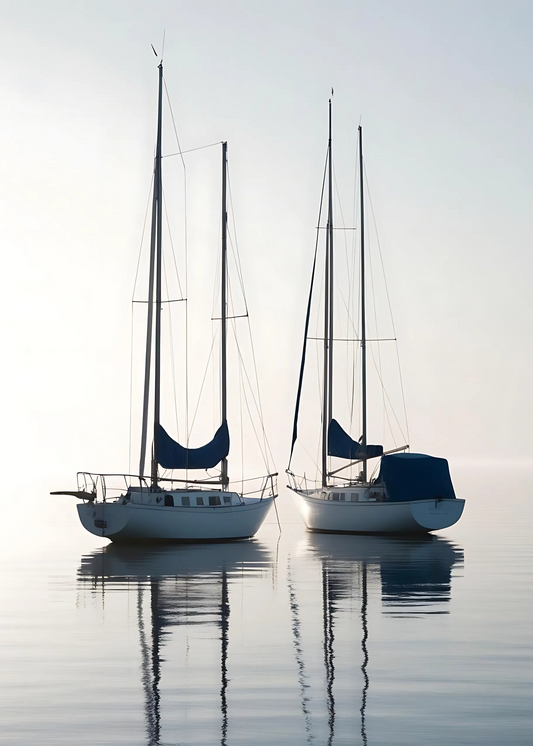Poster | Two Sailing Boats at Sunrise | Vertical Seascape Art | Tranquil Ocean Print for Home Decor