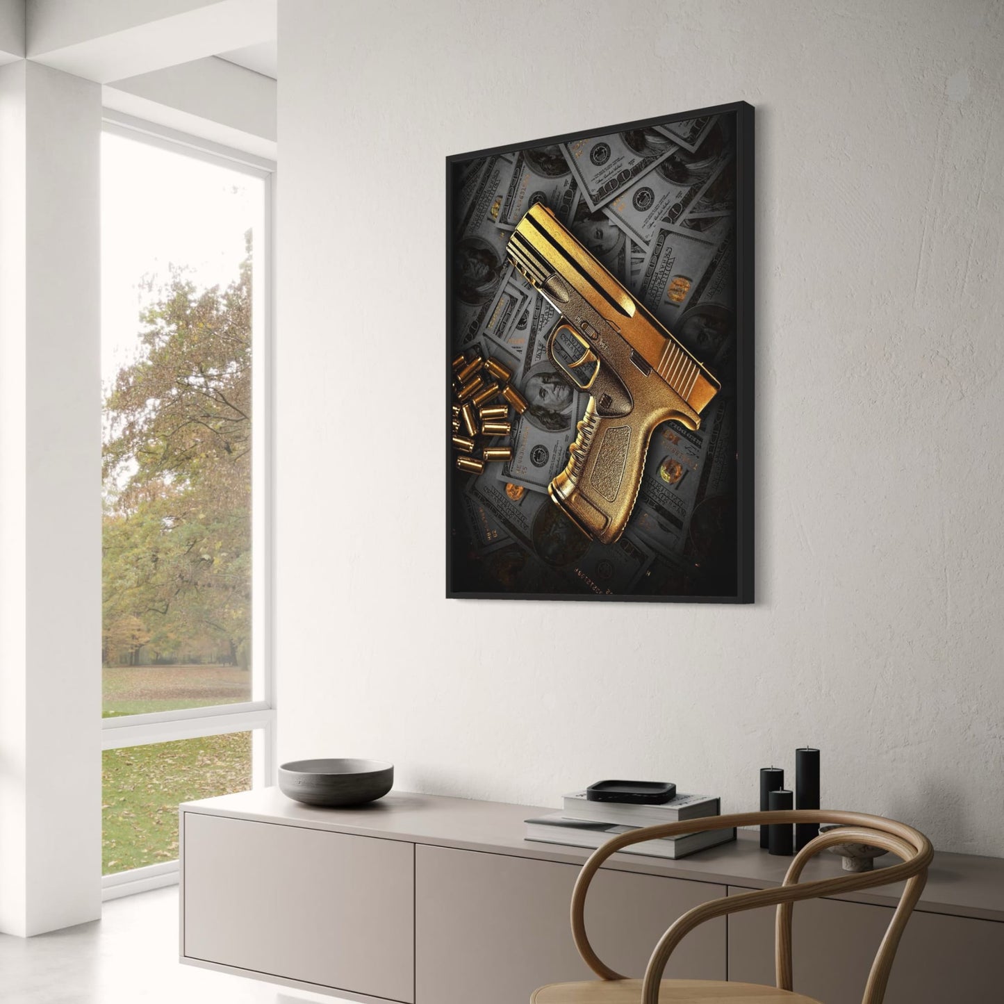 Golden Gun Poster  Luxury Money and Weapon Art Print | Home Decor | Decoration Poster