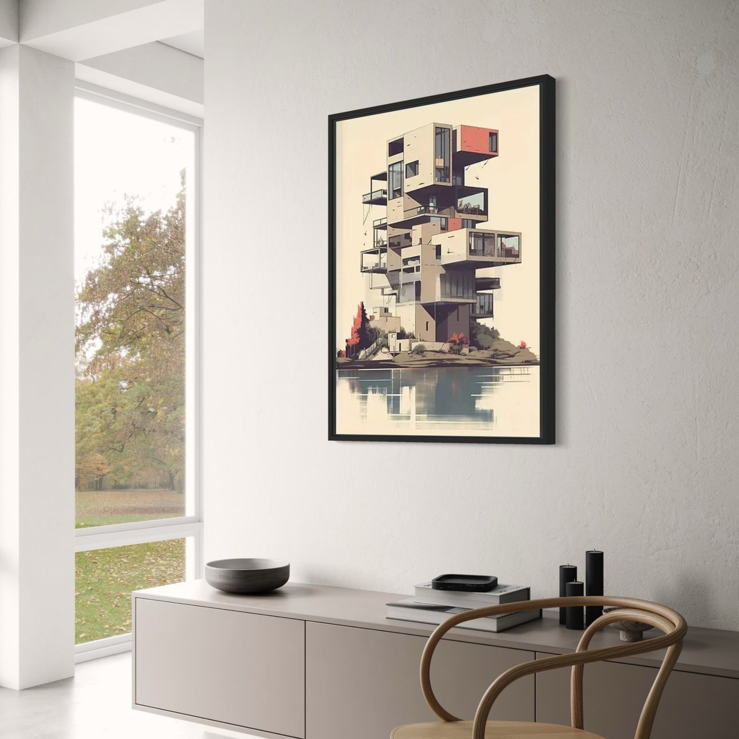 Lakeside Modern Architecture Poster | Layered Building Art Print | Minimalist Landscape | Stylish Wall Decoration