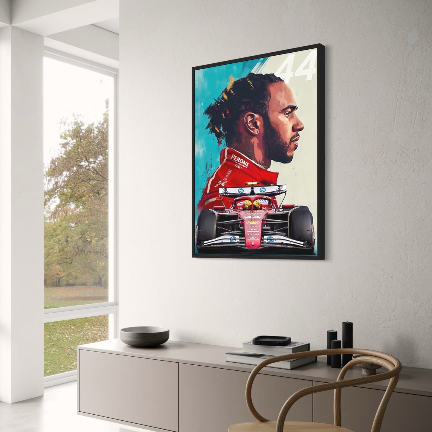 Lewis Hamilton 2025 Formula 1 Season Artistic Portrait Poster | Vibrant Abstract Background | SF25 Car | Number 44