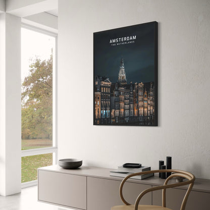 Amsterdam Canal Homes at Night Poster | Scenic European Cityscape Art | The Netherlands Wall Decor | Nighttime Urban Photography