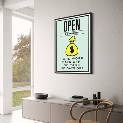 Monopoly Open 24 Hours Poster | Classic Board Game Art | Vintage Style Wall Decor | Unique Artwork for Game Rooms | Perfect Gift for Gamers | Collector's Edition Reproduction