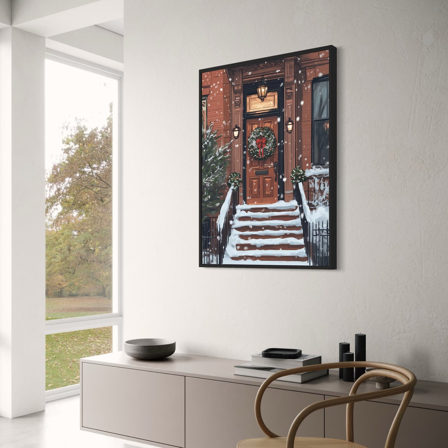 Charming Snowy Brownstone Porch | Holiday Wreath & Lanterns | Cozy Winter Scene