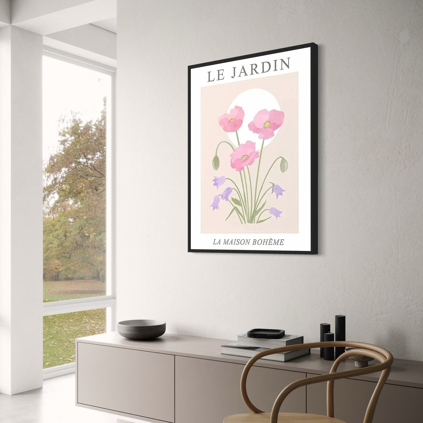 Les Fleurs Poster | Pink Poppies & Purple Bellflowers | Floral Art Décor for Home & Garden