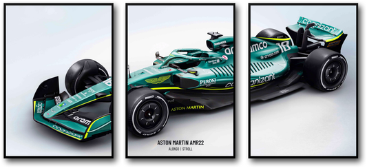 Formula 1 Car Poster | Triple Panel Wall Art | Aston Martin F1 Racing Theme Decor | 3 Piece Set