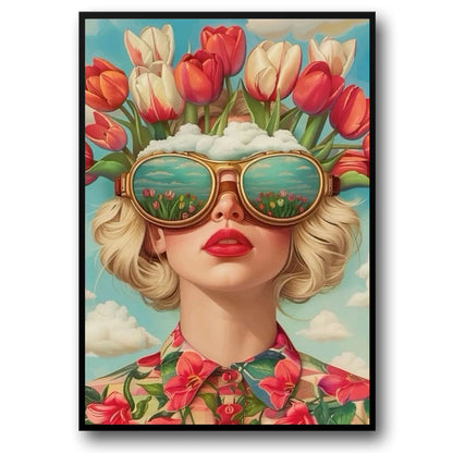 Floral Girl Poster | Tulip Crown | Serene Sky Reflection | Spring Essence Decor | Sunglasses Art