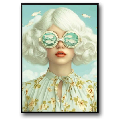 Floral Girl | Botanical Beauty Poster | Sunglasses Woman Encircled with Bright Flowers | Wall Art Decor