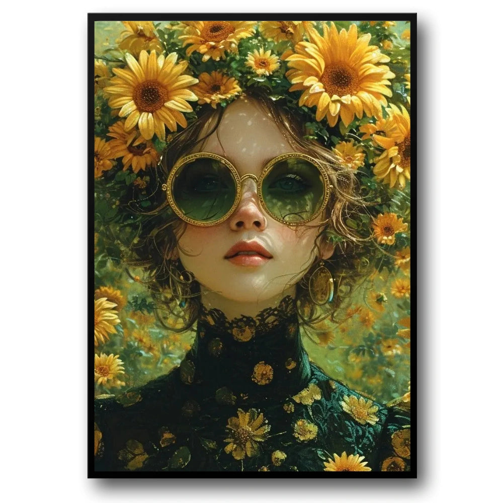 Floral Girl Poster | Eternal Sunflower Portrait | Vibrant Golden Summer Eyes | Lush Sunflower Enveloped Artwork | Home Wall Decor