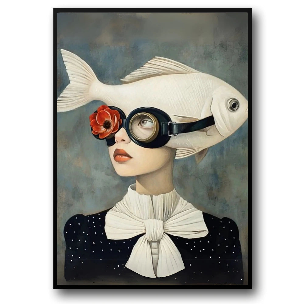 Floral Girl Poster | Surreal Celestial Aquaview | Woman with Fish Head & Vintage Diving Mask | Colorful Artistic Print