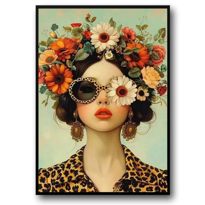 Floral Girl Poster | Chic Sunglasses & Blooming Crown Art | Vibrant Blossom Spectacle Wall Decor