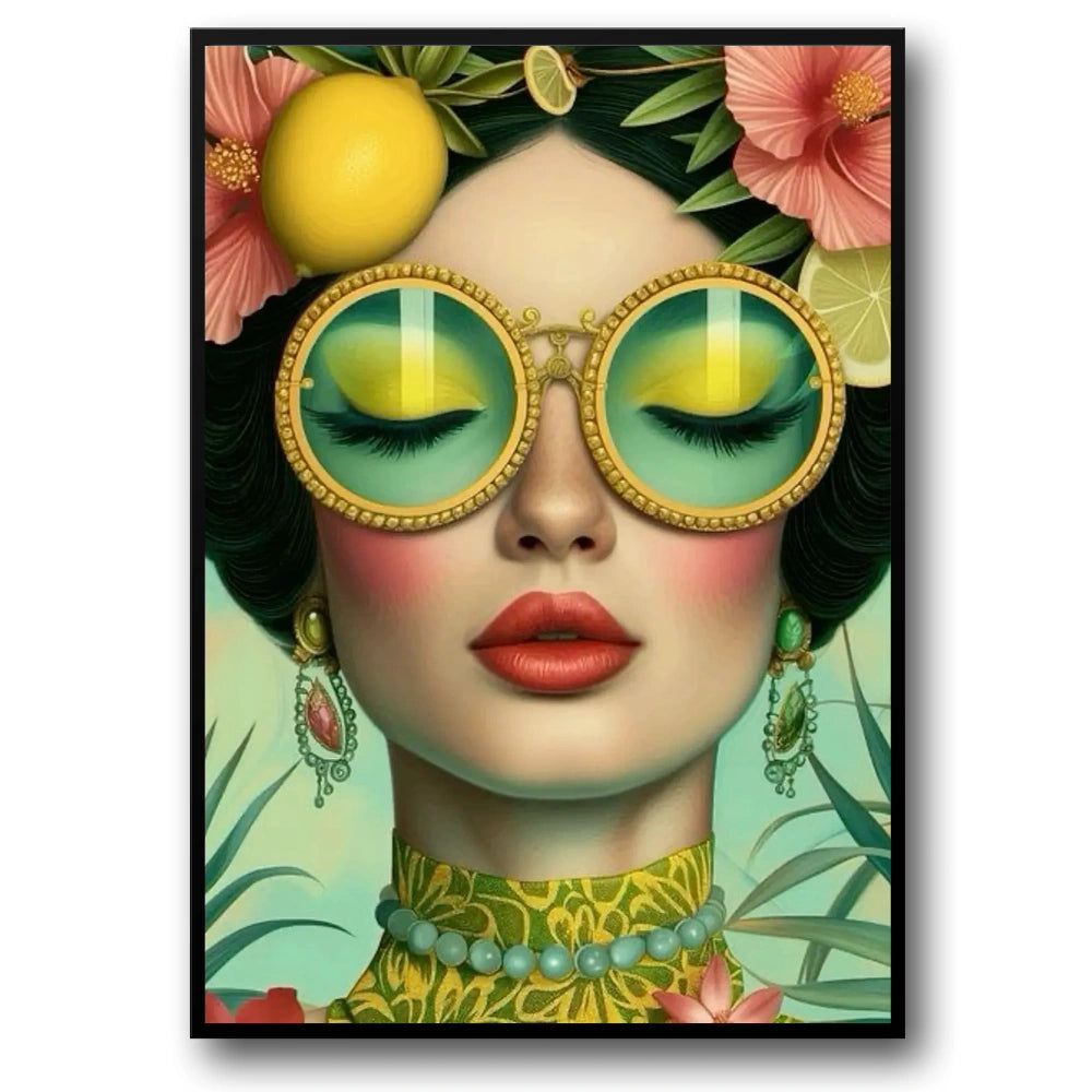 Floral Girl Poster | Vintage Flower Optics | Woman with Floral Sunglasses amidst Blooming Garden