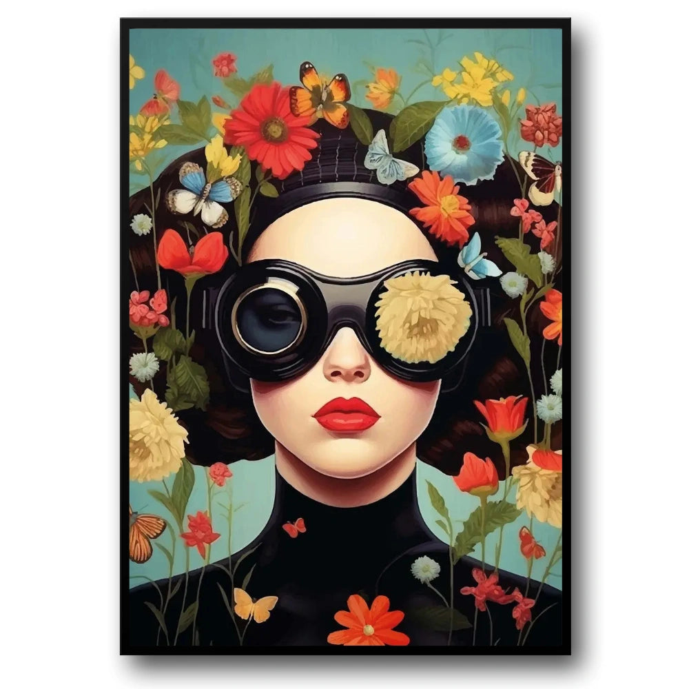 Floral Girl Poster | Surreal Garden Goggles Panorama | Immersive Floral Scene | Lush Nature Vision