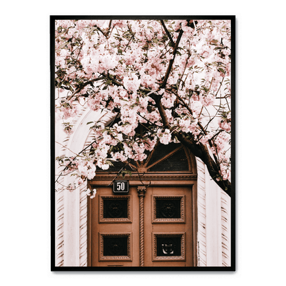 Poster | Door with Pink Flowers | Artistic Decor for Home & Garden | Floral Print Wall Art