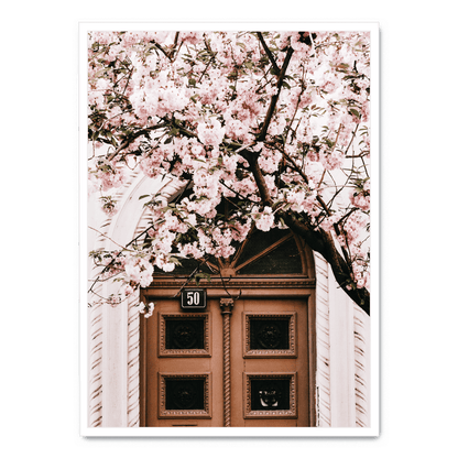 Poster | Door with Pink Flowers | Artistic Decor for Home & Garden | Floral Print Wall Art