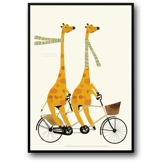 Whimsical Wheels Giraffe Tandem Tour Poster | Joyful Animated Adventures | Home Decor Artwork