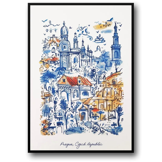 Prague Architecture | Blue & Orange Watercolor