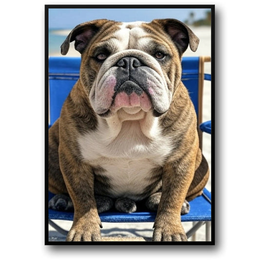 Beach Day Bulldog | Relaxed Portrait in Blue Chair