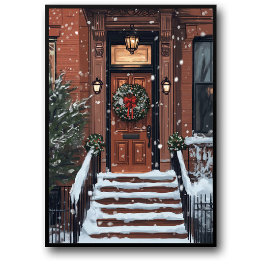 Charming Snowy Brownstone Porch | Holiday Wreath & Lanterns | Cozy Winter Scene