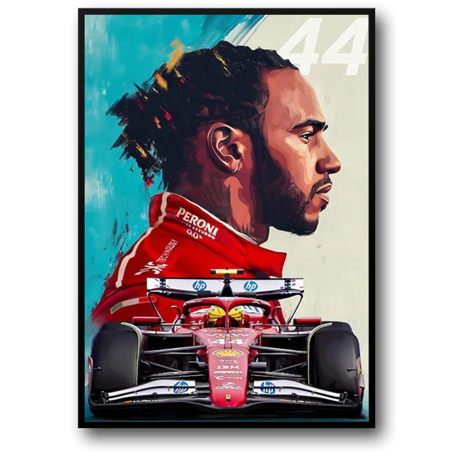 Lewis Hamilton 2025 Formula 1 Season Artistic Portrait Poster | Vibrant Abstract Background | SF25 Car | Number 44