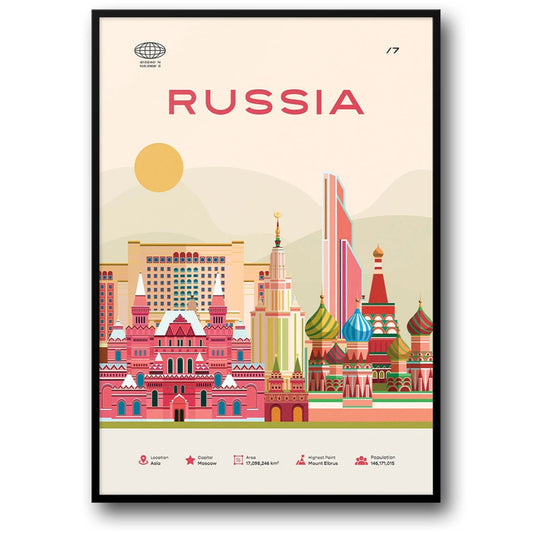 Russia Travel Poster | Moscow Skyline and Landmarks | Red Square and Kremlin Illustration | Unique Wall Art