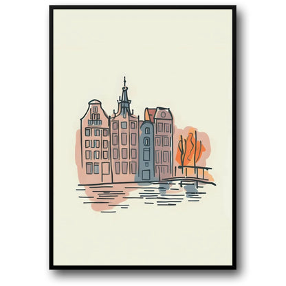 Amsterdam Canal Houses Poster | Stylized Watercolor Art | Netherlands Urban Landscape | Unique Travel Decor