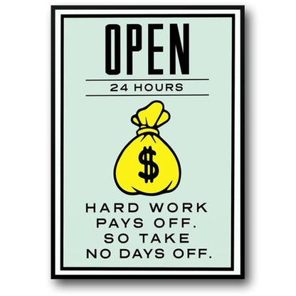 Monopoly Open 24 Hours Poster | Classic Board Game Art | Vintage Style Wall Decor | Unique Artwork for Game Rooms | Perfect Gift for Gamers | Collector's Edition Reproduction