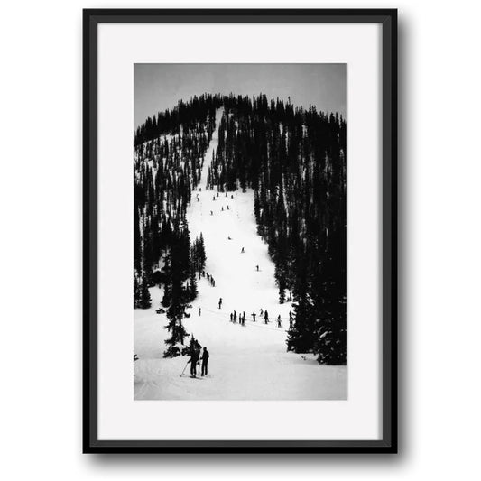 Busy Ski Slope with Numerous Skiers | Winter Crowds: Skiing Enthusiasts on the Slopes | Classic Ski Resort Posters
