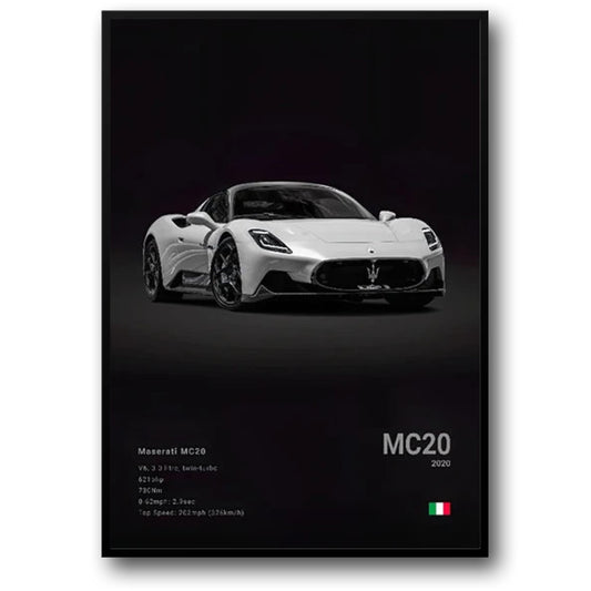 Maserati MC20 Poster | Tribute to Engineering | Sports Car Art | Specifications Display | Wall Decor