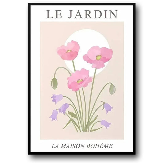 Les Fleurs Poster | Pink Poppies & Purple Bellflowers | Floral Art Décor for Home & Garden