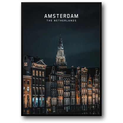 Amsterdam Canal Homes at Night Poster | Scenic European Cityscape Art | The Netherlands Wall Decor | Nighttime Urban Photography