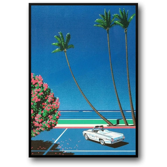 Retro Hiroshi Nagai Tropical Vaporwave City Poster | Japanese Beach Car Art | Canvas Wall Decor Art